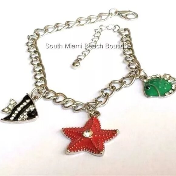 Sea Life Charm Bracelet Starfish Angel Fish 7-9" Silver Plated Crystal Enamel - Picture 2 of 12